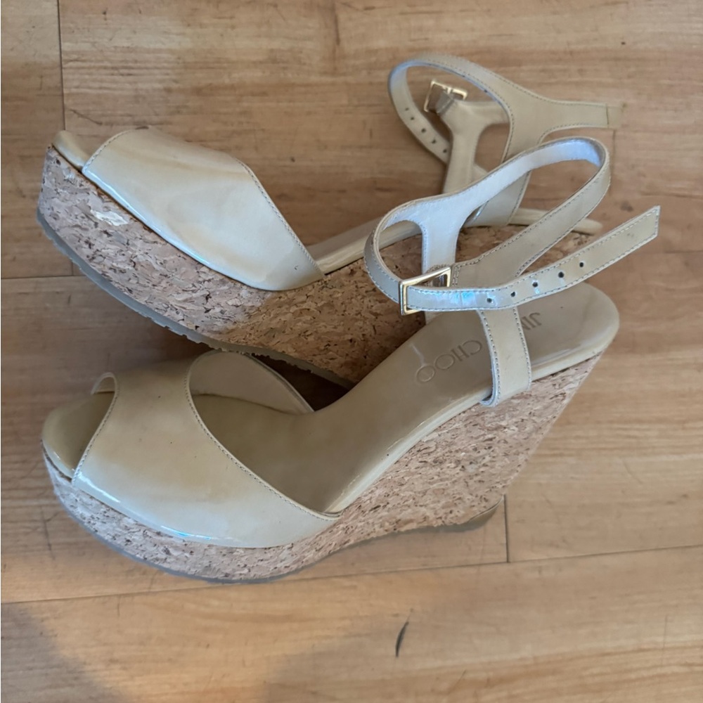 Jimmy Choo Beige Cork Wedge Sandals | Ankle Strap Heels (Women’s 7)